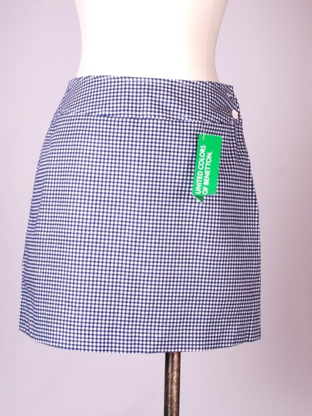 NWT United Colors of Beneton Navy White Gingham Mini Skirt, Sz - 44 (8-10)